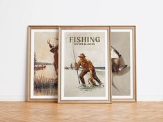 two framed posters on the wall displaying fishing