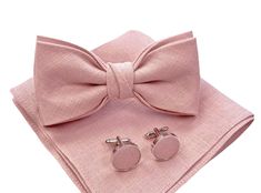 "Fabric color in 1 photo - Blush Pink (choosing color select \"#00 Blush Pink\") Handmade Linen Accessories for any occasion: Wedding, Birthday, Baptism, Christening, Gift, and others. All Accessories are packaged in stylish gift boxes! BOW TIE: * Type: Pre-tied * Bow tie size 2,4 x 4,5\" (6 x 11,5 cm) * Adjustable bow tie straps (length): ~20,5\" (52 cm). Could make longer upon separate request. CUFFLINKS: * Color: same as a bow tie (could make other, please contact us separately) POCKET SQUARE Classic Pink Tie Accessories For Summer, Classic Pink Suit And Tie Accessories For Summer, Elegant Bow Tie For Spring Gifts, Elegant Pink Adjustable Bow Tie, Elegant Adjustable Pink Bow Tie, Elegant Pink Summer Ties, Pink Bow Tie For Summer Formal Events, Formal Pink Adjustable Suit And Tie Accessories, Pink Bow Tie For Spring Formal Occasions