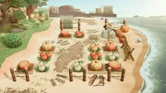 an animated image of a beach with pumpkins