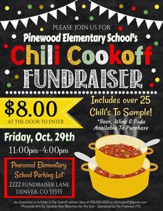 an advertisement for the chili cook fundraiser event on friday, oct 28 at 8 30 pm