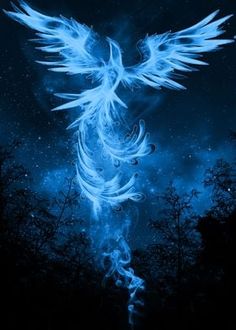 a blue bird with white feathers flying through the air over trees and night sky in the background