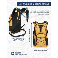 an image of a yellow backpack with the words light weight and comfortable on it's side