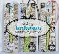 an arty bookmarks with vintage papers on it and the words making arty books