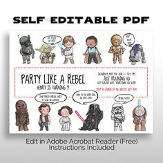 star wars party like a rebel poster with instructions for each character and their respective characters