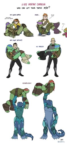 the character sheet for teenage mutant turtles is shown in various poses, including two men and one woman