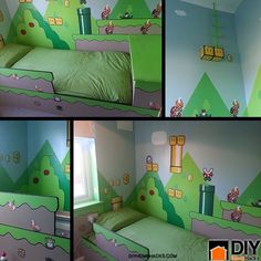 this is a collage of pictures of a bedroom with mario and luigi in it