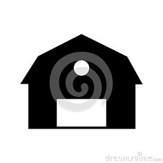 a black and white barn with a round window in the center, on a white background