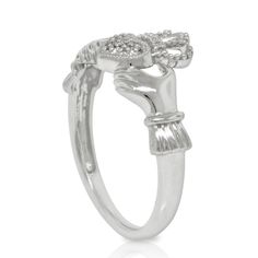 Claddagh ring with diamond accents, in 14K white gold. Two hands holding a crowned heart; symbolizing love, friendship, and loyalty. Two Hands Holding, Claddagh Ring, Hands Holding, Claddagh Rings, Ring With Diamond, Ring Fit, Perfect Engagement Ring, Ring Size Guide, Jewelry Cleaner