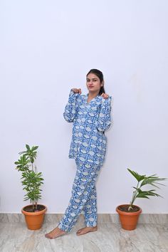 Description-   Comfortable cotton night suit , trousers and shirt , Notch collar pattern , Hand block print is use  , Full sleeves pattern, Full length trouser , Front opening shirt placket ,Attached pocket. specification- Hand block print night suit, Full sleeves , Full length Trouser , full length trousers ,100% cotton ,Attached pocket Size -  S, M, L, XL, XXL Materials -  100% Cotton  Qty - 1 Pcs  ----- Shipping : - We ship all items express shipping courier with Fedex, Dhl, Aramex or India P Blue Cotton Sleepwear For Pajama Party, Cotton Sleepwear Matching Set With Long Sleeves, Cotton Sleepwear Matching Set For Sleepover, Cotton Long Sleeve Nightgown For Pajama Party, Long Sleeve Matching Sleep Set, Cotton Relaxed Fit Pajama Sets, Cotton Matching Set Sleepwear For Home, Cotton Sleepwear Matching Set For Home, Cotton Matching Set Sleepwear For Pajama Party