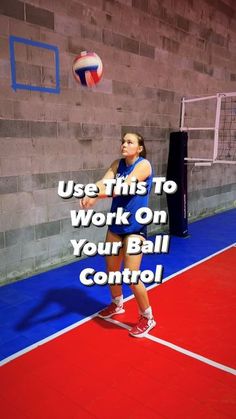 a girl is playing volleyball on a court with the words use this to work on your ball control