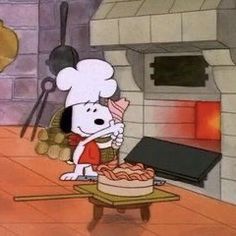 a cartoon character is cooking some food in front of a fire place with an oven