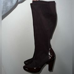 Worn Once Casual Round Toe Fitted Heels, Casual Fitted Heels With Round Toe, Casual High Heel Patent Leather Boots, Fitted Synthetic Boots With Block Heel, Casual Fitted Boots With Rubber Heel Cap, Spring Fitted Boots With Rubber Heel Cap, Casual Patent Leather Heels For Fall, Spring Brown Patent Leather Boots, Casual Patent Leather Boots Of Medium Width