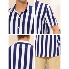 The summer-beach shirt features a color block and a stripe design, it is fashionable. Made of soft and breathable fabric, this shirt gives you a comfortable experience in summer. Pair the stripe beach shirt with casual pants or board shorts for a summer casual look. Available in multiple colors, it is a wardrobe necessity for summer. It is also and a good choice for vacation. White Vertical Stripes Top For Beach, Blue Shirt With Horizontal Stripes For Summer, Blue Shirt With Contrast Stripes For Summer, Striped Button-up Shirt For Vacation, Striped Button-up Beach Shirt, Striped Button-up Vacation Shirt, White Summer Shirt With Striped Collar, White Top With Striped Collar For The Beach, White Top With Striped Collar For Beach