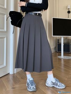 Orcajump - Solid High Waist Pleated Skirt, Vintage A Line Draped Midi Skirt, Women's Clothing Pleated Knee Length Skirt, Calf Length Skirt, High Waist Pleated Skirt, Calf Length Skirts, High Waisted Pleated Skirt, Skirt Vintage, Long Skirts, Outfits Dresses, Skirt Women