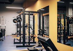 the gym is equipped with many different types of machines and weight bars for strength training