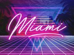 an old school style poster with the word miami in neon colors and palm trees behind it