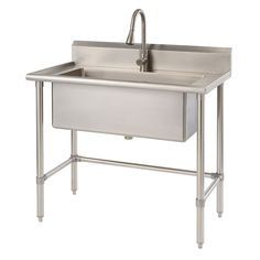 a stainless steel sink with two faucets on each side