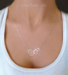 Infinity Necklace - Linked Circle Necklace - Circle Pendant Necklace - Eternity Necklace - Triple Circle Silver Hoop Necklace- Gift For Her Short Silver Necklace, Rose Gold Diamond Necklace, Diamond Cross Necklace Gold, Family Jewelry, Chula Vista, Circle Pendant Necklace, Diamond Cross Pendants, Infinity Necklace, Gold Diamond Necklace