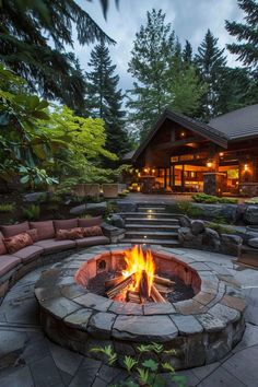 a fire pit in the middle of a stone patio with steps leading up to it