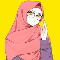 a woman wearing glasses and a pink hijab is holding her hand up to her face