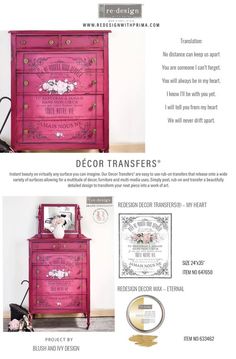 a pink dresser with two pictures on the top and bottom, next to it's contents