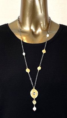 You will receive exact item in the photos so please check the photos carefully.  CHICO'S $60 GOLD-BLACKTONE  LONG PANDANT NECKLACE   All labels attached, in a flawless condition.  Original tag attached. Retail+tax=$60 o Pendant necklace design. o Zinc, brass, plastic, glass, other semi - precious gems. o Dimension:31" length. Plus 4: extender chain. o Imported. o Part of the Lucy collection. o Custom designed exclusively for Chico's Handcrafted with Nickel-free metal. As you could see in Photo # 9,10,11  this long piece can be matched with the shorter piece that is also available at my shop.  *** PET, SMOKE FREE HOME 20 Spiritual Jewelry Pendant With Figaro Chain, Bohemian 14k Gold-filled Gemstone Bead Necklaces, Turquoise Nugget Necklace, Polished Yellow Gold Nugget Jewelry, Gold Costume Jewelry Necklace, 16 Inch Length, Chicos Jewelry, Gold Nugget, Semi Precious Gems, Precious Gems