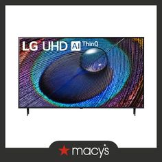 the lg uhd 4k tv is shown with an image of a peacock on it