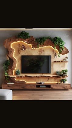 a living room with a large tv on the wall and plants growing out of it