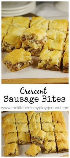 cheesey sausage bites are cut into squares and stacked on top of each other,