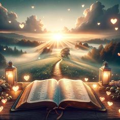 an open book sitting on top of a wooden table with hearts floating around it in the air