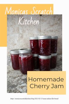 the recipe for homemade cherry jam is shown in front of a tile wall with text overlay