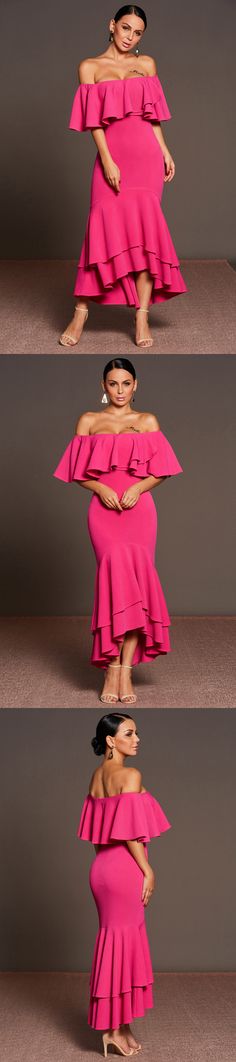 2019 Mermaid Boat Neck poliéster vestidos de baile asimétrico Fitted Prom Dress With Asymmetrical Hem, Fitted Asymmetrical Hem Dress For Prom Season, Formal Ruffled Mermaid Hem Maxi Dress, Fitted Pink Mermaid Dress For Banquet, Fitted Summer Mermaid Dress For Gala, One Shoulder Fitted Ruffle Maxi Dress, Fitted Dress With Asymmetrical Hem For Banquet, One Shoulder Fitted Maxi Dress With Ruffles, Fitted Asymmetrical Maxi Dress For Evening