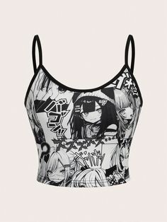 Japanese Manga Girl Print Kawaii Cute Women's Tank Top, School Black and White Casual   Knitted Fabric Figure,Letter Cami Slight Stretch  Women Clothing, size features are:Bust: ,Length: ,Sleeve Length: Goth Outfit Inspo, Pop Pop Shirts, Alt Style, Anime Japanese, Seductive Clothes, Japanese Manga, Women Tank Tops, Goth Outfits, Girls Prints