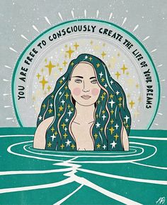 a drawing of a woman with long hair in the water and stars above her head