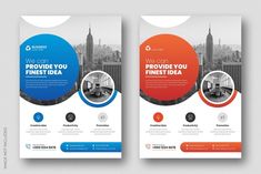 two vertical flyers with an orange and blue circle on the front, one is for business