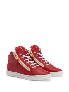 Find GIUSEPPE ZANOTTI Nicki Leather Sneakers on Editorialist. blood red leather gold-tone hardware logo plaque branded insole logo pull-tab at the heel almond toe side zip fastening front lace-up fastening ankle-length rubber sole Gold Leather High-top Sneakers With Branded Insole, Modern Leather High-top Sneakers With Red Sole, Gold Leather High-top Sneakers With Round Toe, Luxury High-top Sneakers With Removable Insole, Luxury High-top Sneakers With Red Sole, Designer Leather High-top Sneakers With Red Sole, Luxury Calf Leather Sneakers With Red Sole, Luxury Red High-top Sneakers, Designer Red High-top Sneakers With Red Sole