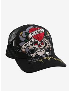 Ed Hardy Love Kills Skull Trucker Hat | Hot Topic Rhinestone Trucker Hat, Ed Hardy Hat, Earth Tone Clothes, Custom Streetwear, Love Kills Slowly, Embroidered Skull, Love Kills, Hello Kitty House, Disney Dragon