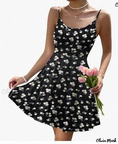 Olivia Mark - Adjustable Spaghetti Strap Floral Print Casual Dress with Pockets Flower Dresses Outfit, Black Flower Dress, Midi Dress Elegant, Bodycon Pencil Skirt, Printed Casual Dresses, Summer Dress Outfits, Black Flower, Lace Midi, Lace Midi Dress