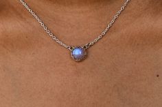 Embrace the Divine with this fine quality New beginning moonstone crystal Necklace. This dainty genuine Moonstone necklace features fine quality moonstone smooth round cabochon with Blue color sheen that will make you fall in love with that. Wearing a Moonstone crystal necklace will surround your body with positive and healing energies that will prevent any misfortunes coming your way. That also makes it a perfect crystal Charm necklace to gift your loved ones on special occasions Or keep it for Moonstone Crystal Necklace, Feminine Necklace, Moon Studs, Moonstone Crystal, New Beginning, Bohemian Necklace, Moonstone Necklace, Moonstone Jewelry, Necklace Blue