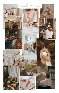 a collage of photos with some people doing different things in the same photo, including books and flowers