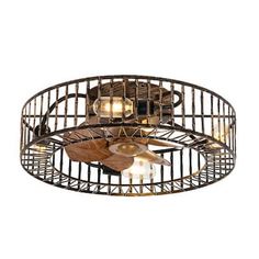 a ceiling fan with three lights in an iron cage