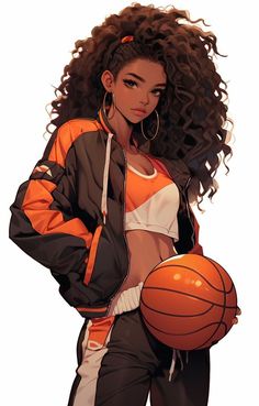 a woman holding a basketball while standing next to a white wall with an orange and black jacket on