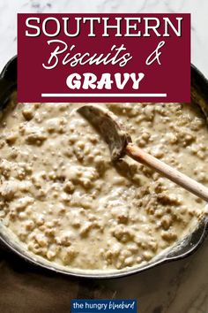 southern biscuits and gravy in a pot with a wooden spoon on the side