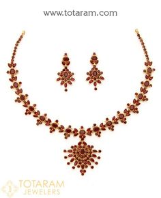 22 Karat Gold Ruby Necklace & Drop Earrings Set 235-GS3854 - in 35.400 Grams for USD $3.00. Made in India by Totaram Jewelers this product is in 22 Karat BIS Hallmark 916 Gold & is an exellent gift for Adult - Women. Ships fully insured & secured guaranteed delivery for free with your order over $250 from New Jersey USA with 30 days exchange policy. Elegant 22k Gold Red Jewelry, Elegant Red 22k Gold Jewelry, Formal Ruby Jewelry For Festivals, Elegant Red 22k Gold Temple Necklace, Elegant Red Temple Necklace For Formal Occasions, Formal Ruby Temple Jewelry Necklace, Formal Ruby Necklace For Festivals, Formal Ruby Necklaces For Festivals, Formal Ruby Bridal Necklace In Temple Jewelry Style