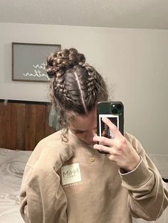 Follow link to tutorial (@kurlswkels on TikTok). Pretty dutch braided bun hairstyle inspo Cute Duch Braids, Aesthetic Dutch Braids, Cute Gym Updos Workout Hair, Two Braids Into Curly Ponytail, High Braided Bun Hairstyles, Two Braids To Bun, Dutch Braided Bun, Braided Hairstyles For Sports Basketball, Braid Into Bun Tutorial