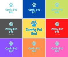 six different colored logos with the words comfy pet bed and paw prints on them