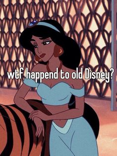 the princess is sitting on top of a tiger and says, what if happened to old disney?