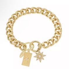 New With No Tag A Bold Chain-Link Bracelet With Sparkling Celestial Charms. Set In 18k Gold Plated Brass, Glass Approximate Circumference- 7.5" Ring Clasp Closure Wipe Clean Imported Everyday Star Charm Bracelet, Gold Bracelet With Star Charm, Gold Bracelet Jewelry With Star Charm, Gold Charm Bracelet With Star Charm As A Gift, Everyday Metal Jewelry With Star Charm, Gift Chain Bracelet With Star Charm, Gold Star Bracelets For Everyday, Elegant Gold-tone Jewelry With Star Charm, Gold Metal Bracelet With Star Charm