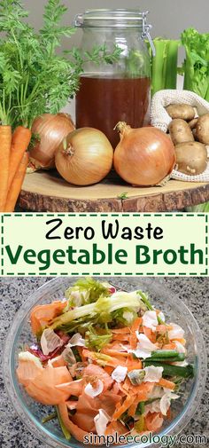 a bowl filled with carrots, celery and broccoli next to a jar of vegetable broth