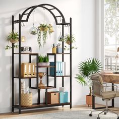 a shelf filled with lots of potted plants next to a wall mounted planter